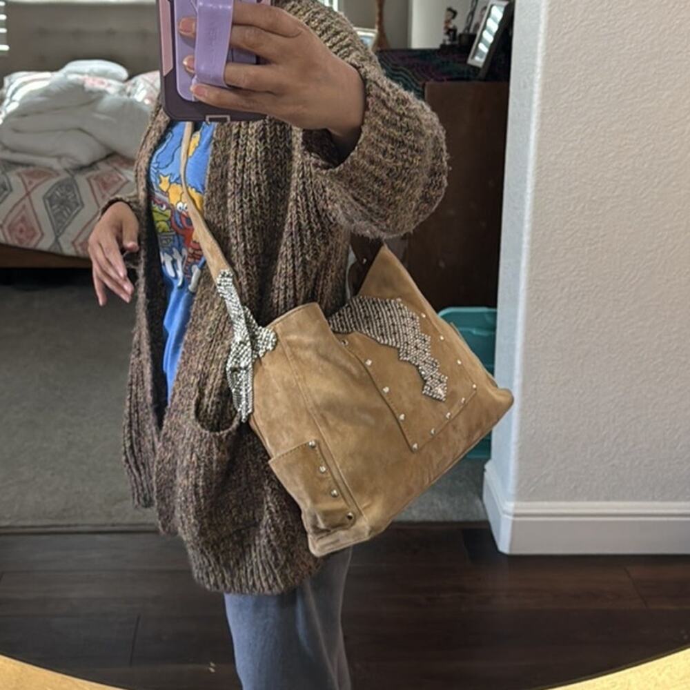 Sergio Gutierrez Liquid Metal collection camel suede crossbody shoulder bag - Picture 11 of 16